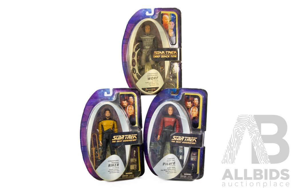 Collection of Three Star Trek Figures Including Captain Jean-Luc Picard, Lieutenant Thomas Riker & Lieutenant Commander Worf in Original Packaging