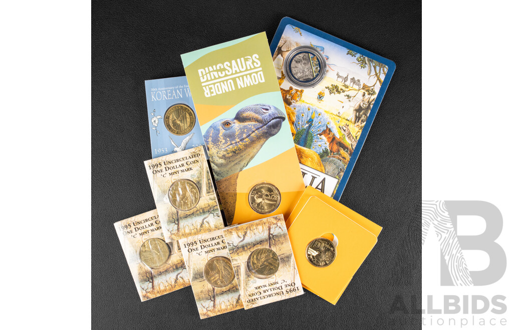 Seven Australian Commemorative One Dollar Coins Including Four 1995 Waltzing Matilda C Mint Marked, 2003 Korean War C Mint Marked, 2022 Coin Hunt Darrell Lea, 2022 Muttaburrasaurus, 2021 Animalia Twenty Cent
