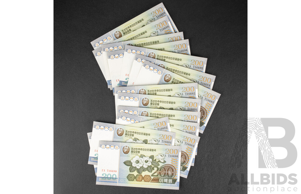 Thirty Seven North Korean UNC Two Hundred Won Notes, Semi Consecutive Runs