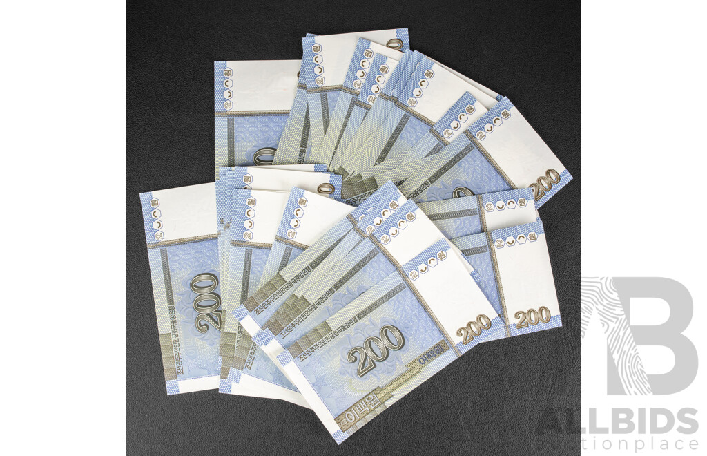 Thirty Seven North Korean UNC Two Hundred Won Notes, Semi Consecutive Runs
