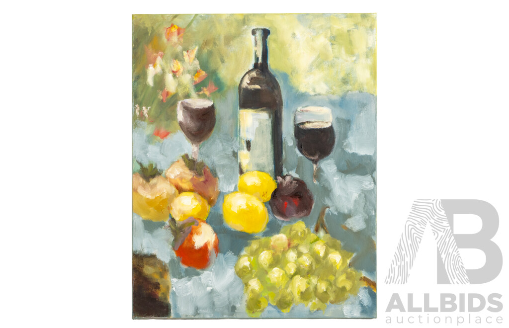 Martha Catalina Flores Guerra (20th Century, Mexican), Still Life - The Gathering Table of Wine & Fruits (2026), Wonderful Original Oil on Canvas, 50H X 40W Cm