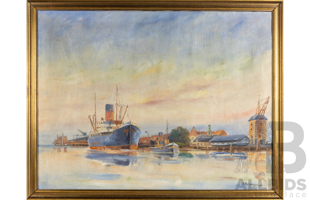 Signed Indistinctly, (20th Century), Shipping on the Harbour, Original Vintage Oil on Canvas, 80 x 94 cm (frame)