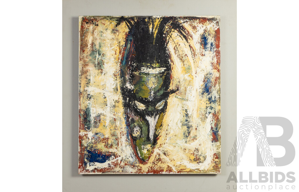Robert White, (20th Century, Australian, 1925-), Untitled [Abstract Depiction of Mask] (1966), Wonderful Original Oil on Board, 84 x 77 cm (frame)