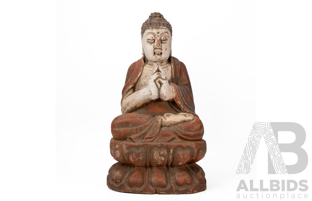 Wonderful Vintage Shakyamuni Seated Buddha in Prayer Statue, Hand Carved in Wood, 50H cm