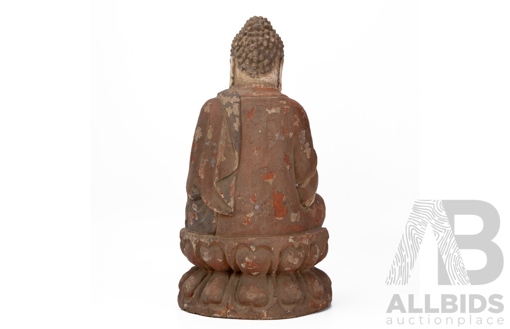 Wonderful Vintage Shakyamuni Seated Buddha in Prayer Statue, Hand Carved in Wood, 50H cm