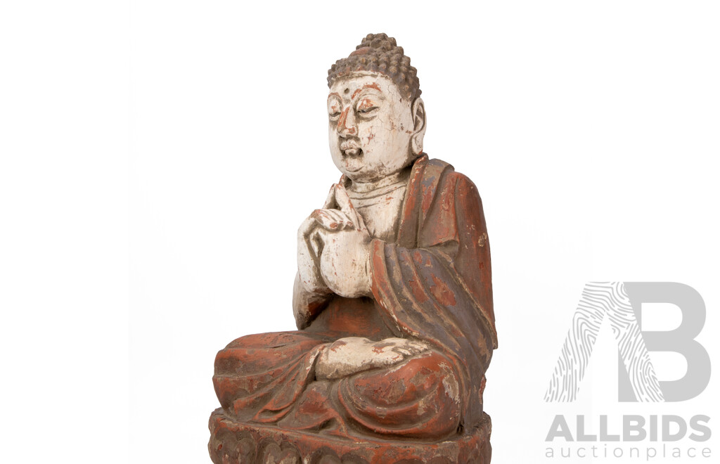 Wonderful Vintage Shakyamuni Seated Buddha in Prayer Statue, Hand Carved in Wood, 50H cm