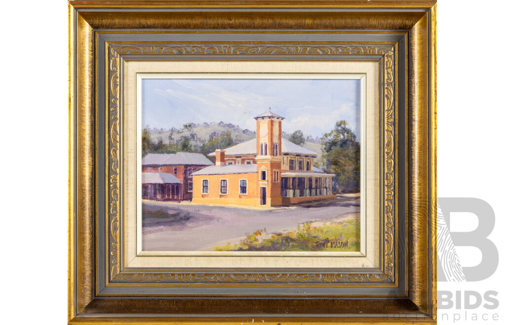 Tony Mason (20th Century, Australian), 'The Court House', Carcoar NSW c1880, Lovely Original Oil on Canvas Board, 35H x 40W cm (frame)