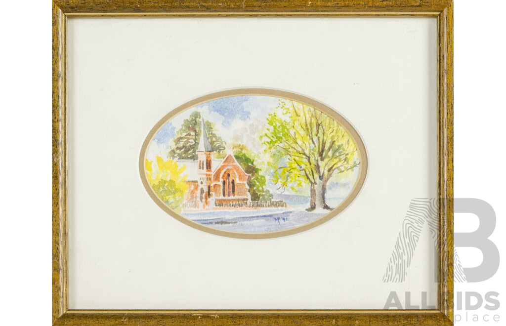 MP (20th Century), Village Church (1995), Original Watercolour, 22H x 27W cm (frame)