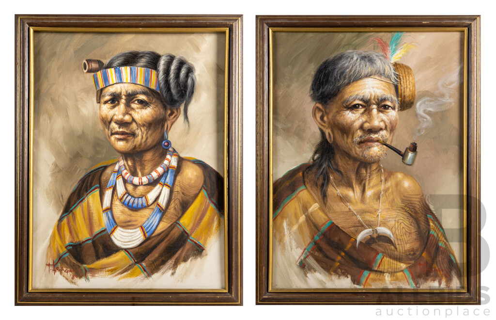 F. Arcega, Elderly Filipino Couple in Traditional Dress, Pair of Oil on Canvas Paintings, 70 x 54 cm (each) (frames) (2)