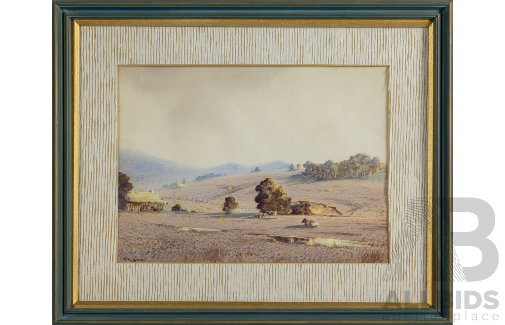 Victor Robert Watt, (19/20th Centuries, Australian, 1886-1970), Grazing Animals and Farmhouse, Lovely Original Antique Watercolour, 42 x 52 cm (frame)