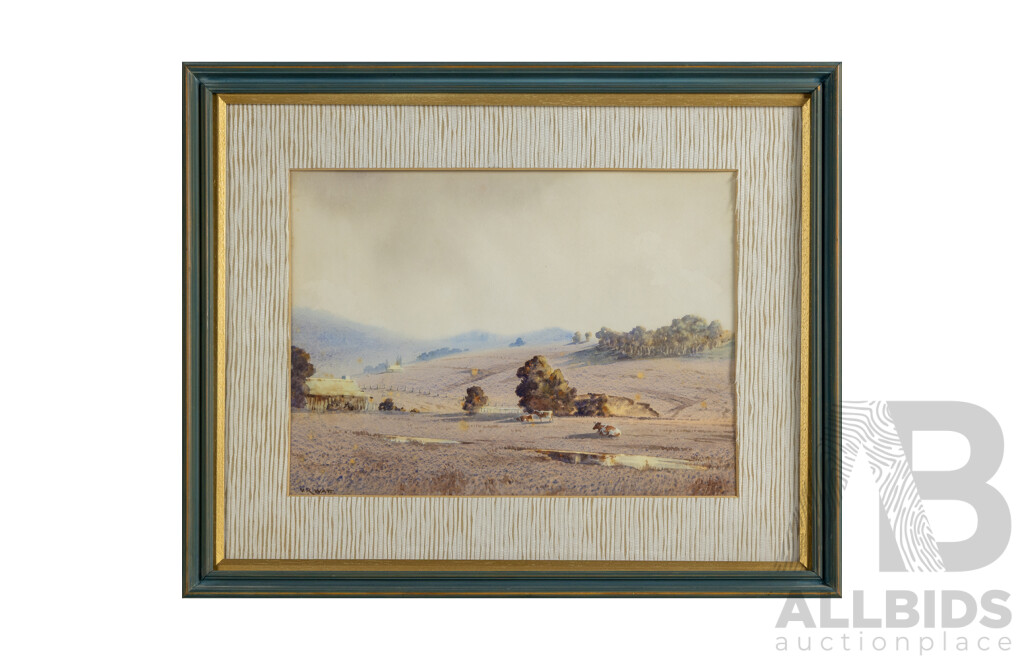 Victor Robert Watt, (19/20th Centuries, Australian, 1886-1970), Grazing Animals and Farmhouse, Lovely Original Antique Watercolour, 42 x 52 cm (frame)