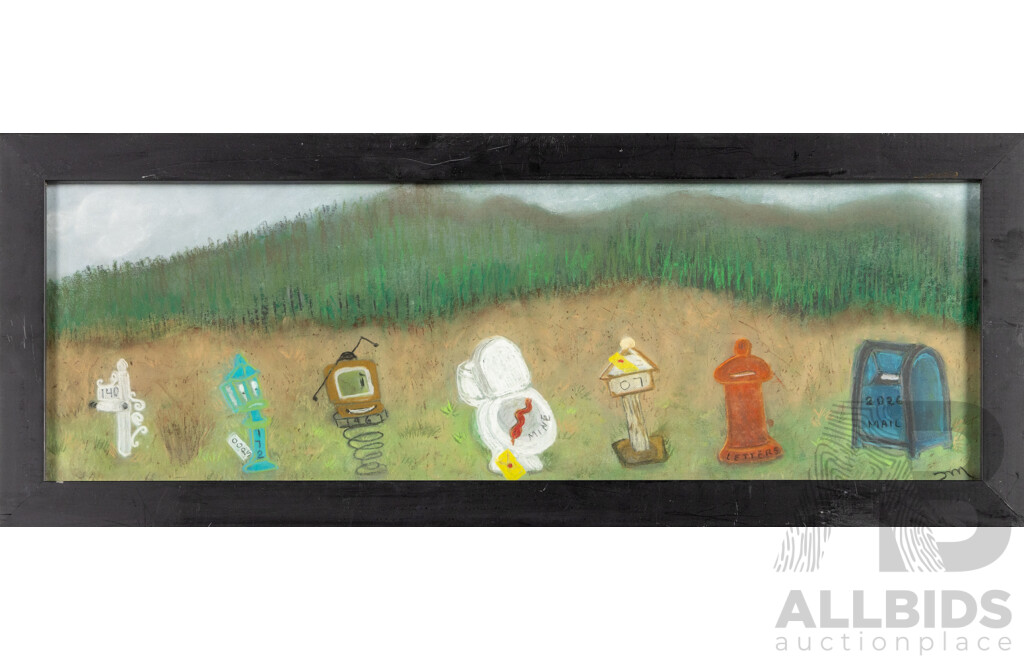 Martha Catalina Flores, (20th Century, Mexican), Mailbox Gathering, Lovely Original Pastels in Colour, 26H x 66W cm (frame)