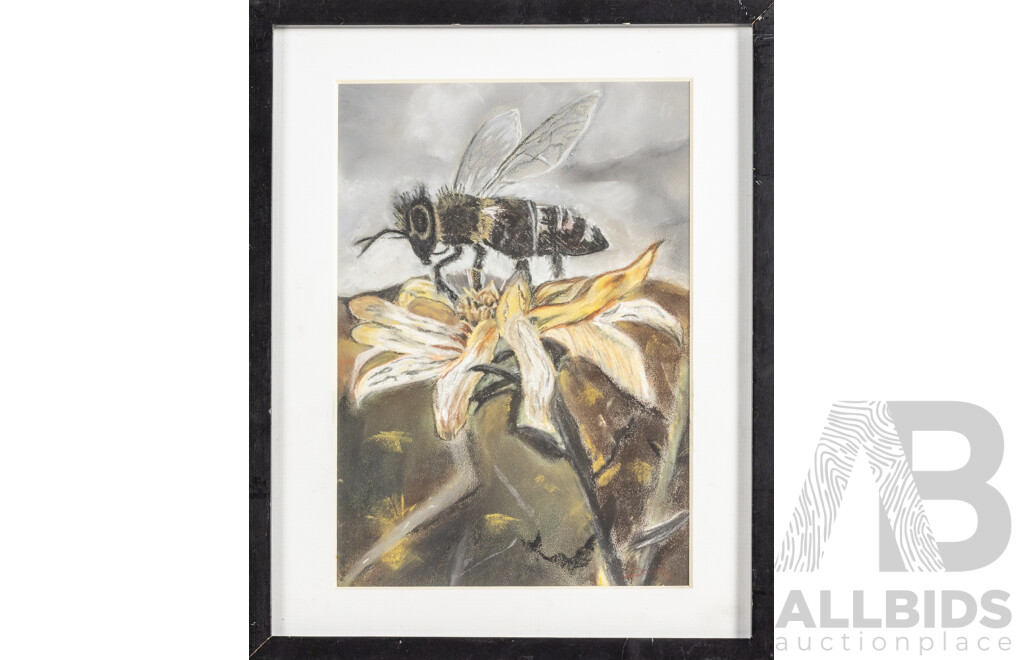 Martha Catalina Flores, (20th Century, Mexican), Busy Bee on Bloom, Wonderful Original Pastels in Colour, 38H x 30W cm (frame)