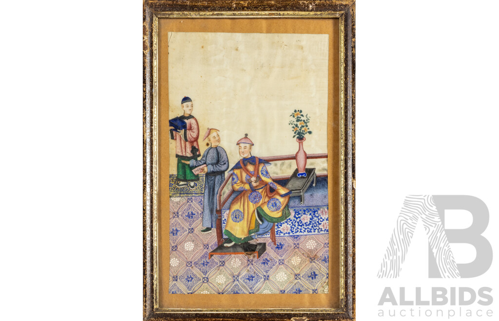 Artist Unknown (19th Century, Chinese School), Seated Qing Dignitary with Attendants, Original Antique Gouache & Watercolour on Pith Paper, 38H X 25W Cm (frame)