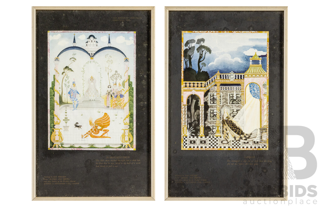 Kay Nielsen (19/20th Centuries, Danish, 1886-1957), Rumpelstiltskin & Catskin, Antique Colour Lithograph Reproductions After Originals for Book (^c1925), 33H x 21W cm (frames) (2)