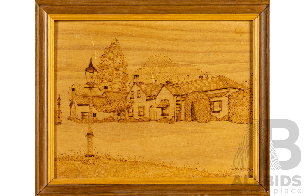 Denise Rope (20th Century, Australian), Lanyon Homestead, ACT, Vintage Pyrography on Wood Panel, 30H x 35W cm (frame)