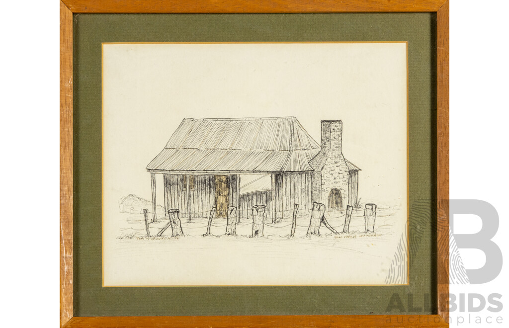 Tom McLaughlin (20th Century, Australian), Old House, Gundaroo (1979), Original Vintage Pen Sketch, 27H x 32W cm (frame)