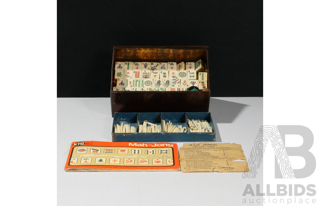Mahjong Set with Bone and Bamboo Pieces in Tin by British Mahjong Association with Instruction Booklet