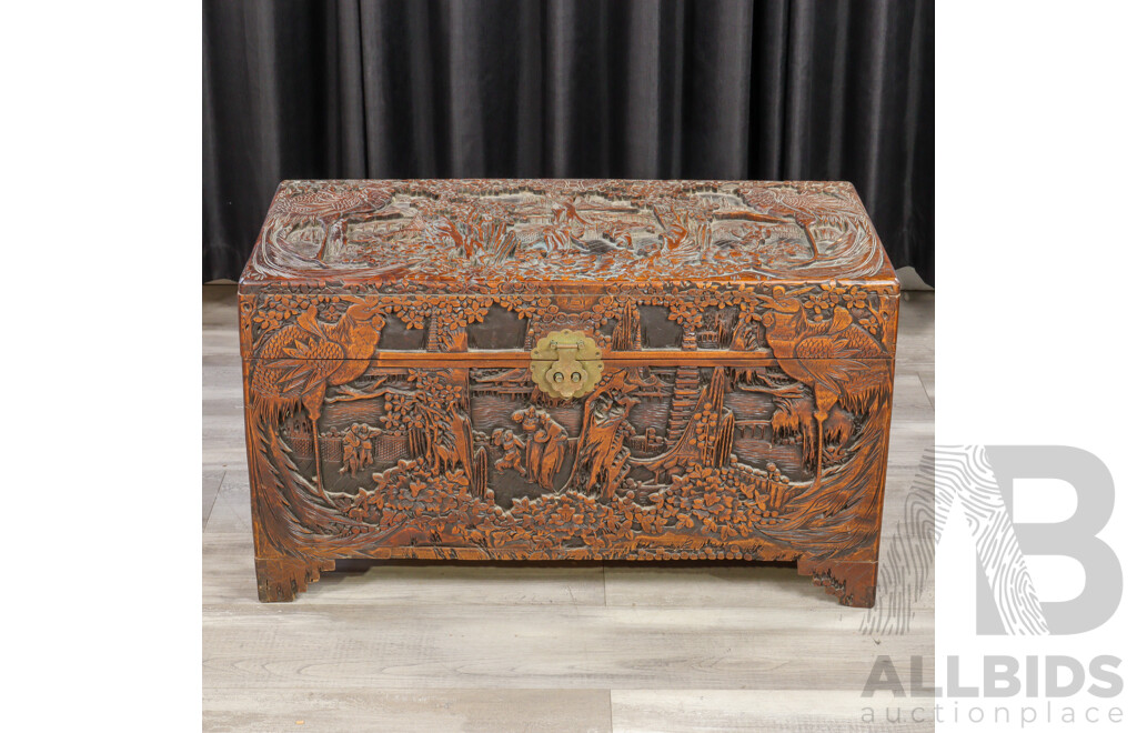 Heavily Carved Chinese Camphorwood Trunk