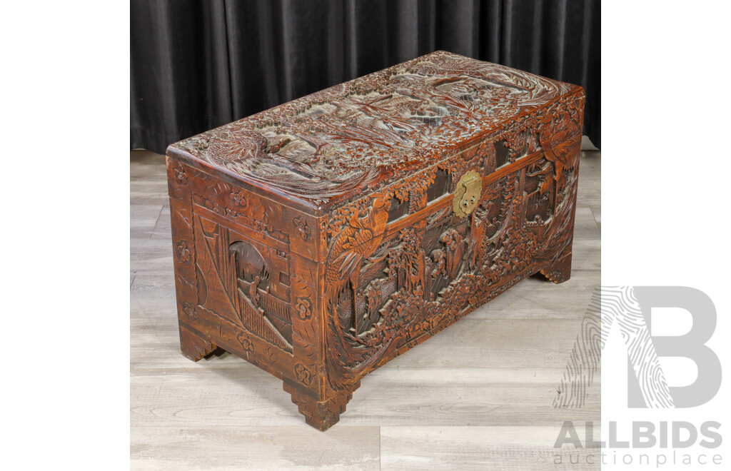 Heavily Carved Chinese Camphorwood Trunk