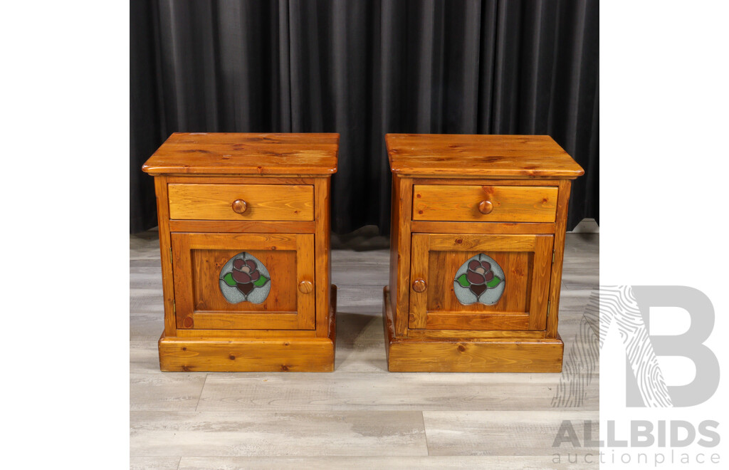 Pair of Modern Pine Bedside Cabinets with Lead Light Panel Doors