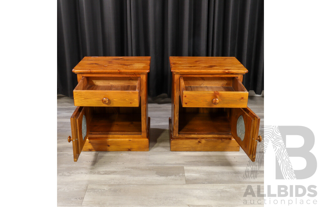 Pair of Modern Pine Bedside Cabinets with Lead Light Panel Doors
