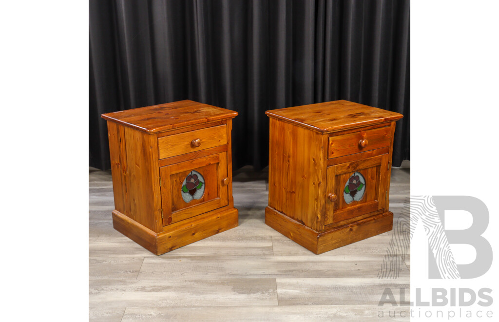Pair of Modern Pine Bedside Cabinets with Lead Light Panel Doors