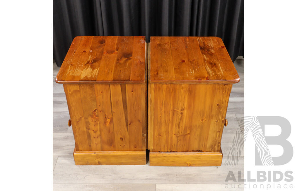 Pair of Modern Pine Bedside Cabinets with Lead Light Panel Doors