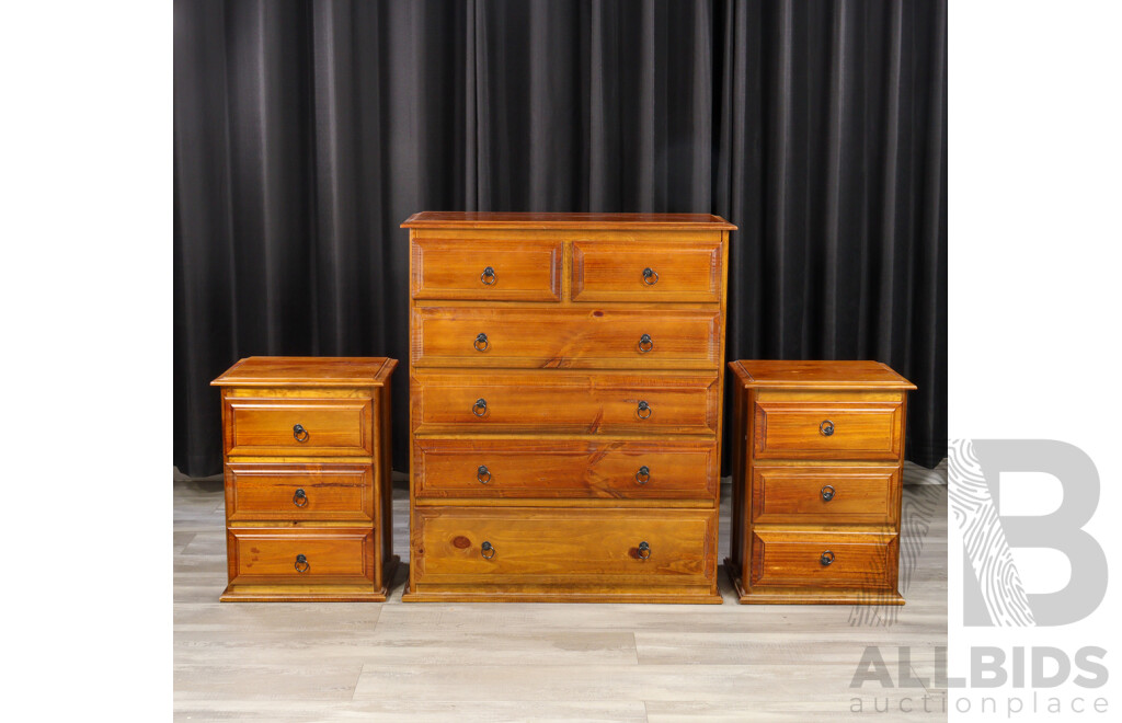 Modern Pine Three Piece Bedroom Suite Inc Pair of Bedsides and Tall Boy