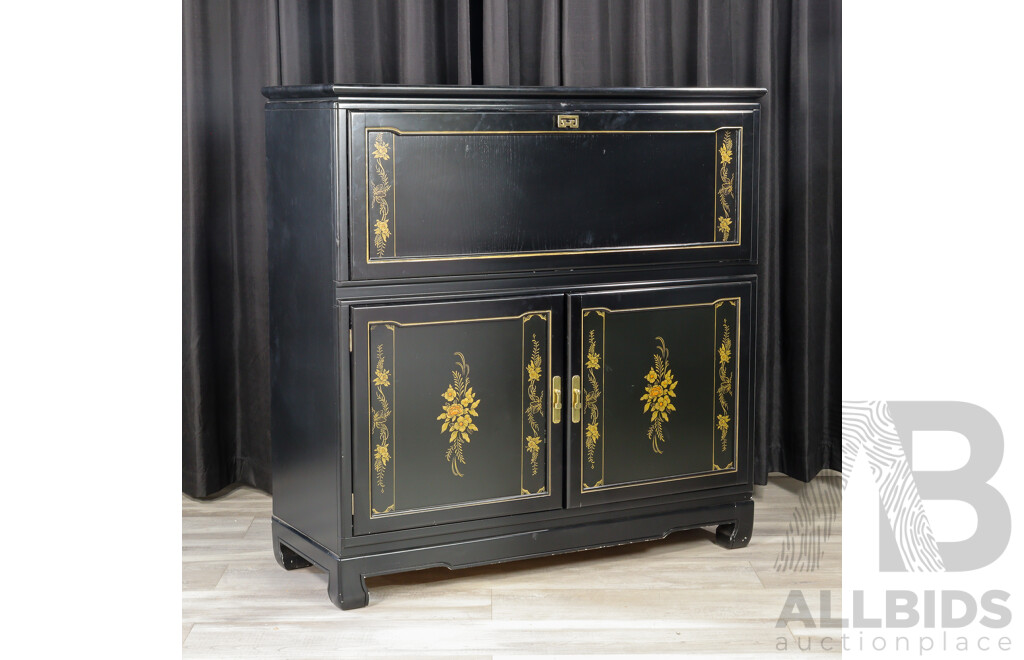 Chinese Themed Fall Front Bar Unit with Fitted Refrigerator by Van Treight Furniture