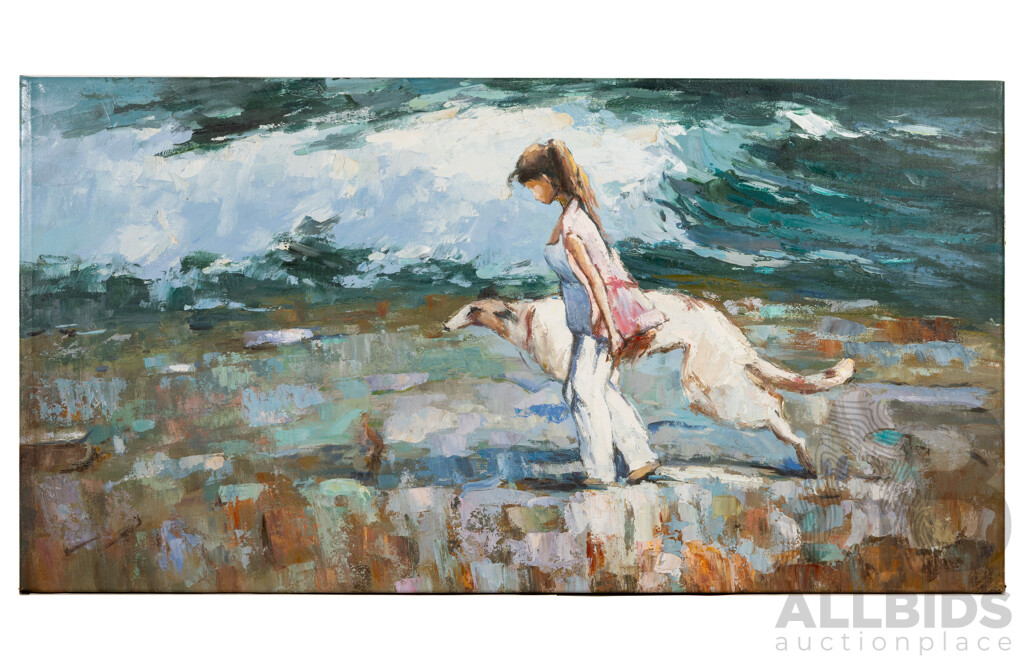 After Alexi Zaitsev, (20th Century, Russian, 1959-), Walking on the Beach, Wonderful Copy of the Original Zaitsev Oil on Canvas, 56 x 107 cm (edge to edge)
