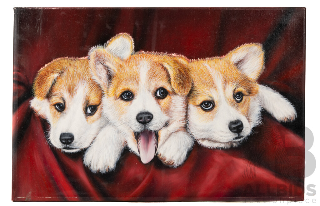 Artist Unknown (20th Century), Pembroke Welsh Corgi Trio, Reproduction Oil on Canvas, 41 x 61 cm
