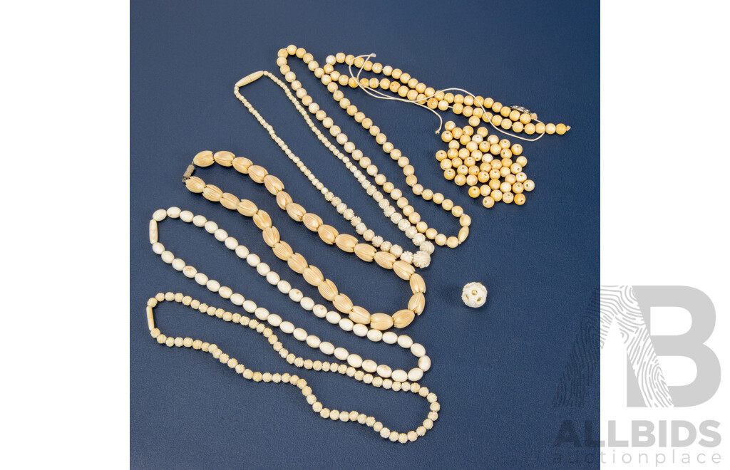 Collection of Five Antique Ivory Necklaces and a Puzzle Ball Pendant
