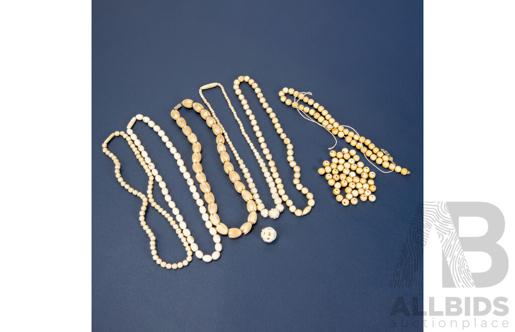 Collection of Five Antique Ivory Necklaces and a Puzzle Ball Pendant