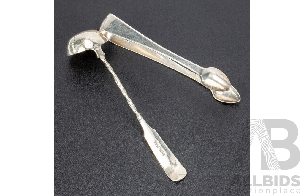 Vintage Heron Sterling Silver Twist Handle Ladle, Edinburgh with Sterling Silver Ice Tongs, Thomas Wallis & Jonathan Hayne