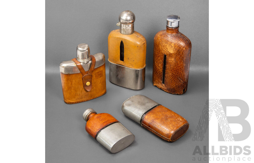 Collection of Five Leather and Pewter Hip Flaske