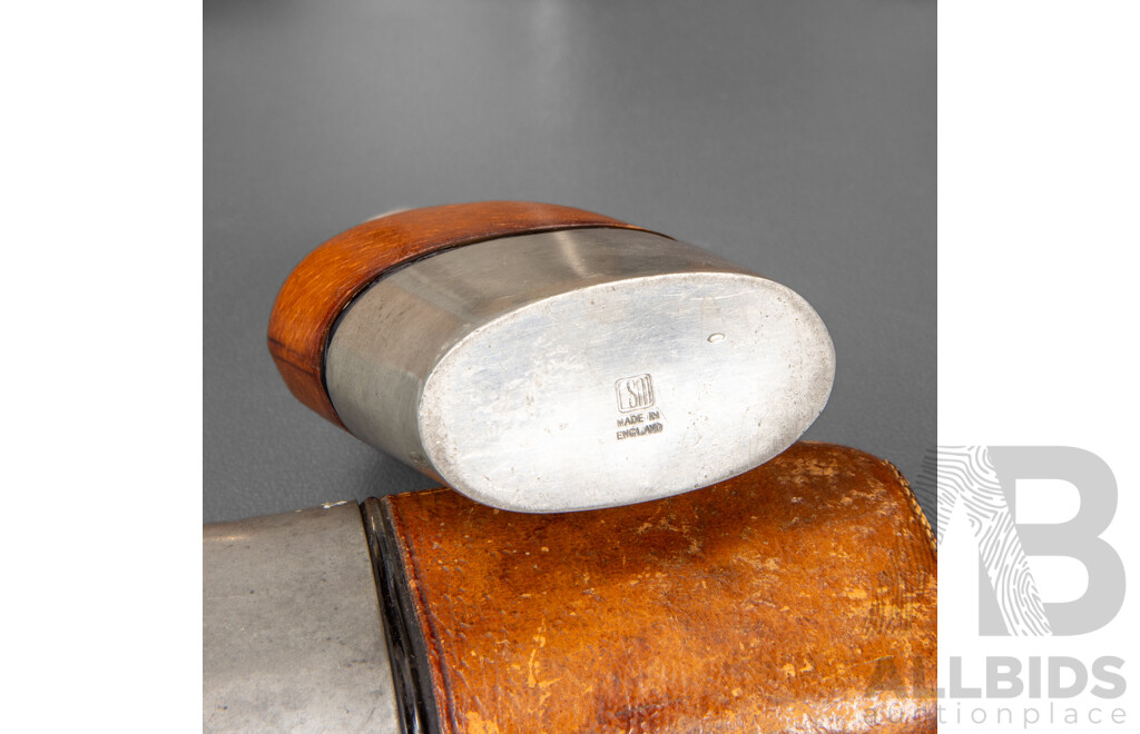 Collection of Five Leather and Pewter Hip Flaske