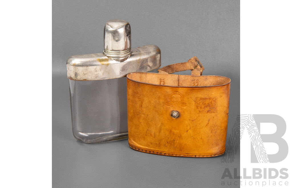 Collection of Five Leather and Pewter Hip Flaske