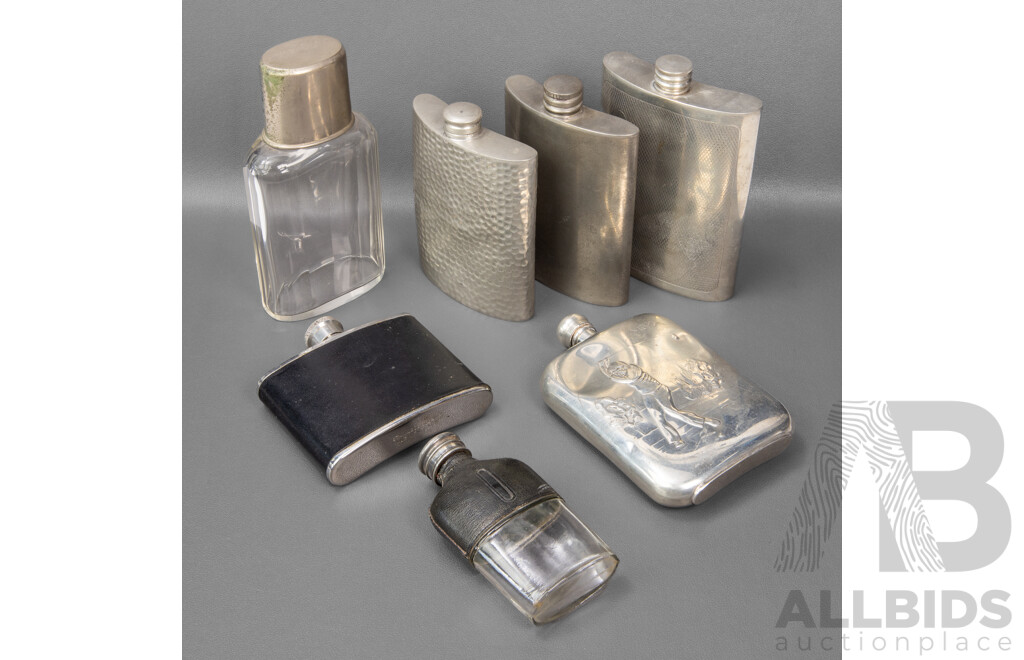 Collection of Seven Glass and Pewter Hip Flasks