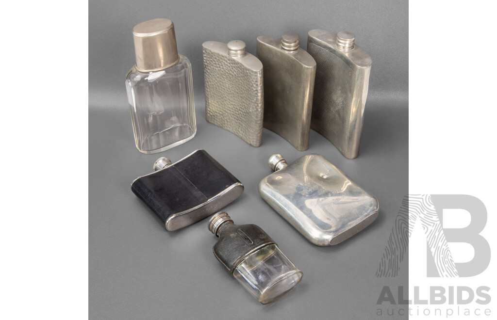 Collection of Seven Glass and Pewter Hip Flasks