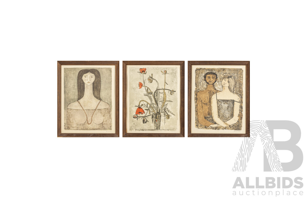 Frederico Righi (20th Century, Italian, 1908-1986), Portrait of a Couple; Nude & Pearls and Fiori, Wonderful Trio of Mid Century Signed Lithographs, 55H x 45W cm (frames) (3)