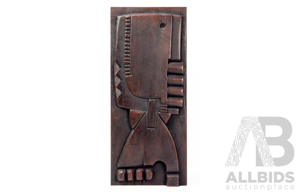 Hannes Harrs (20th Century, German-Born South African, 1927-2006), Modernist Guardian (1970), Hand Carved Mid Century Wood Panel Relief, 46L x 20W x 4D cm (approx Dimensions)