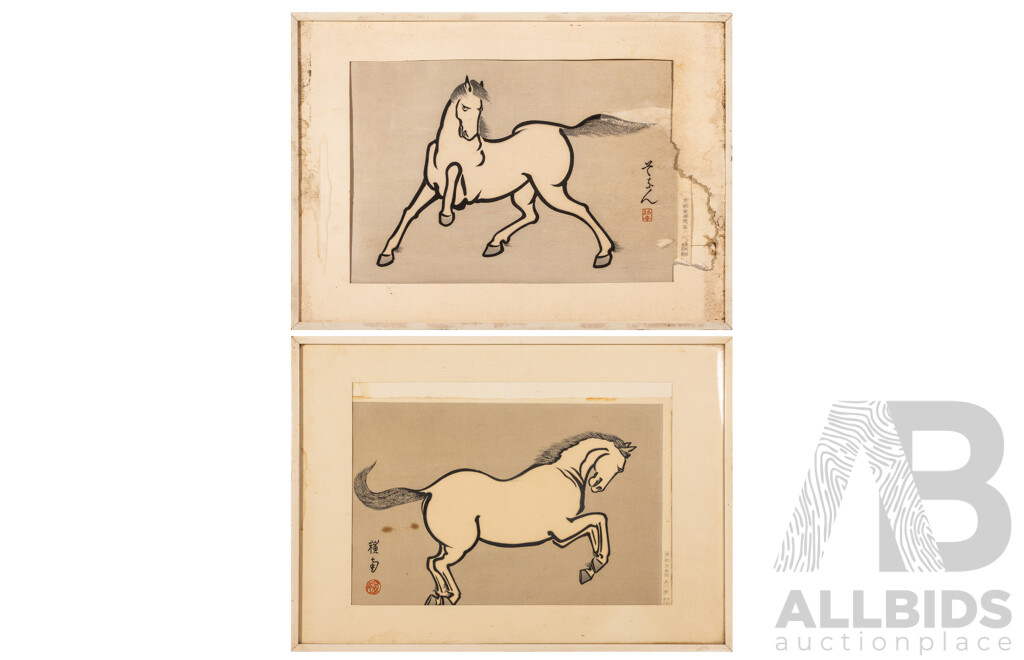 Sonan Noda (20th Century, Japanese) Horse I and II, Pair of Original Vintage Woodblock Prints (c1950s), 37 x 52 cm (frames) (2)