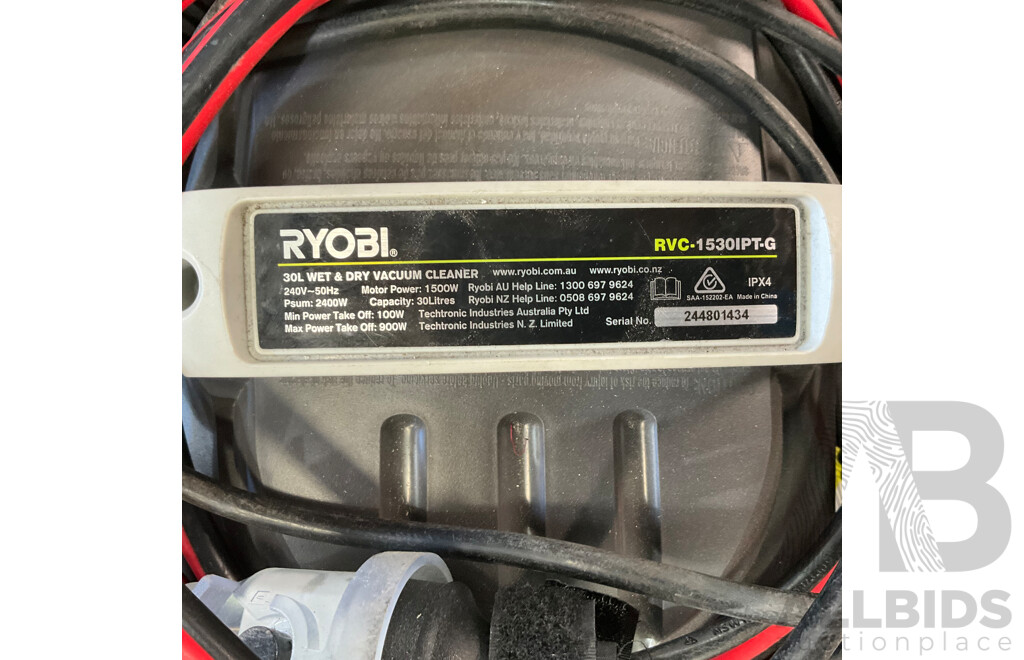 RYOBI 30L Wet & Dry Vacum Cleaner with Heavy Duty Extendtion Cord
