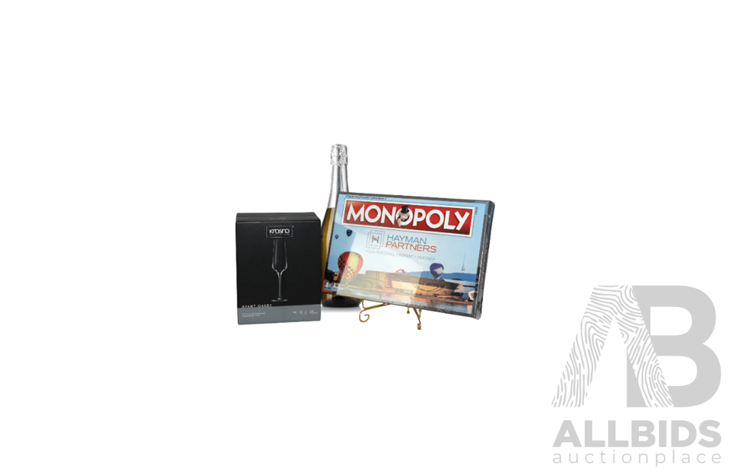 Monopoly, Kosno Sparkling Wine Glasses and a Mystery Bottle of Sparkling Wine - Valued at $250