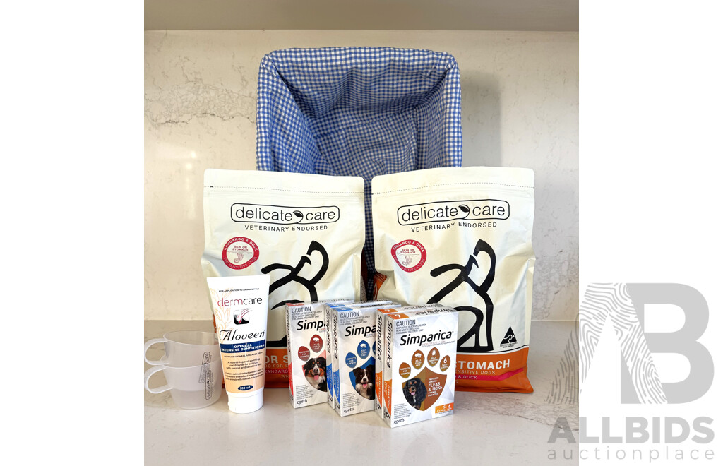 Pooch Pack (2) - 2 Delicate Care 3kg Dog Food Bags, Simparica Flee & Tick Chews X5 Packs , Dermicare Oatmeal Intensive Dog Conditioner
