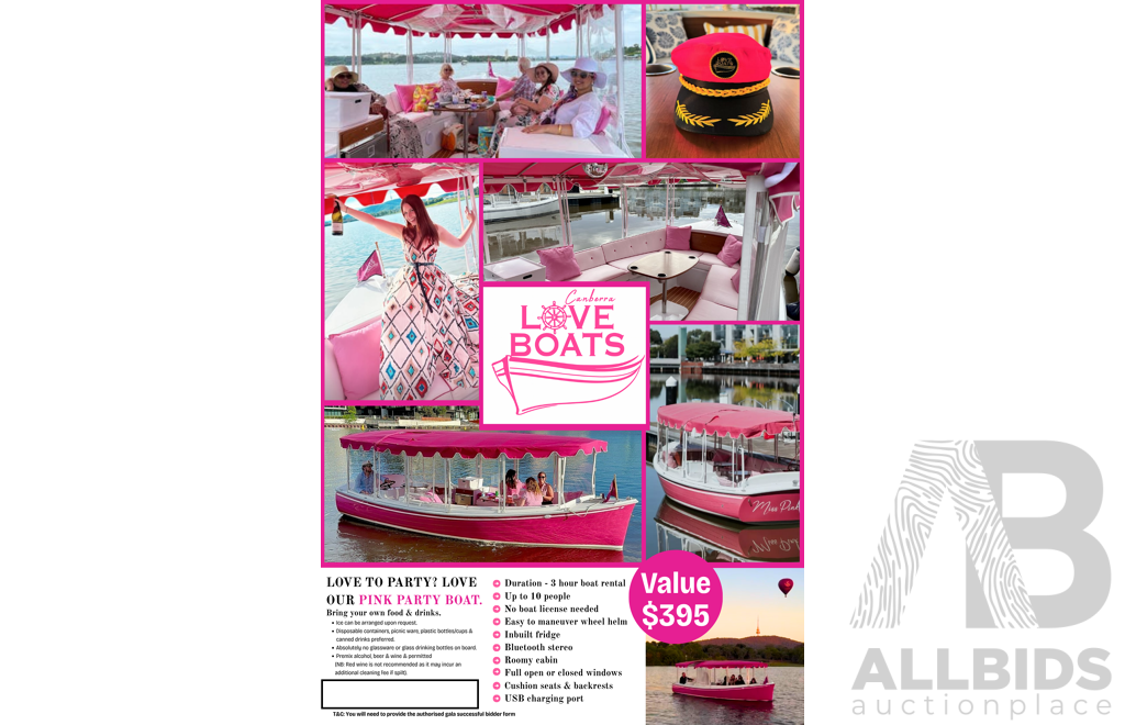 3 Hour Self-driving Lake Burley Griffin Cruise on ''Miss Pink'', the Pink Party Boat - Valued at $395