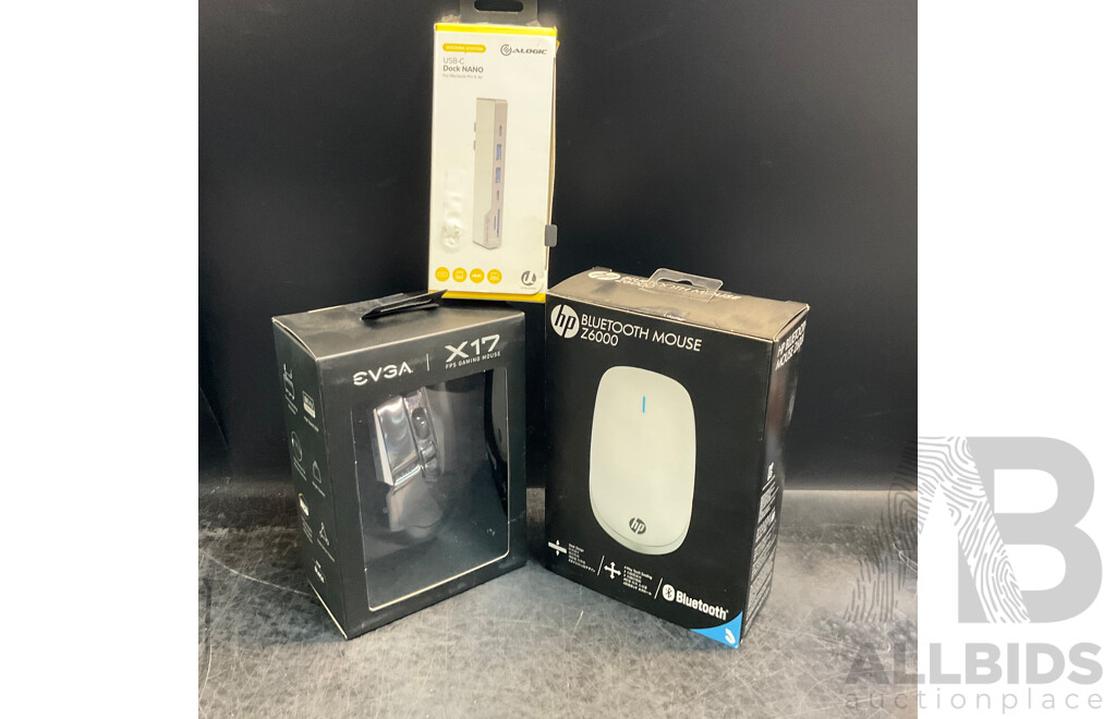 HP Z6000 Bluetooth Mouse & EVGA X17 FPS Gaming Mouse & ALOGIC USB-C Dock NANO - Lot of 3