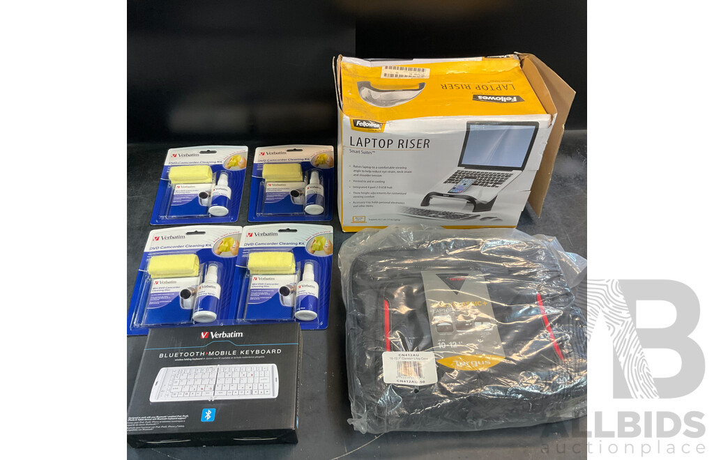 Fellowes Laptop Riser & Targus 10-12.1'' Laptop Case & Verbatim Bluetooth Mobile Keyboard & Cleaning Kit - Lot of 7