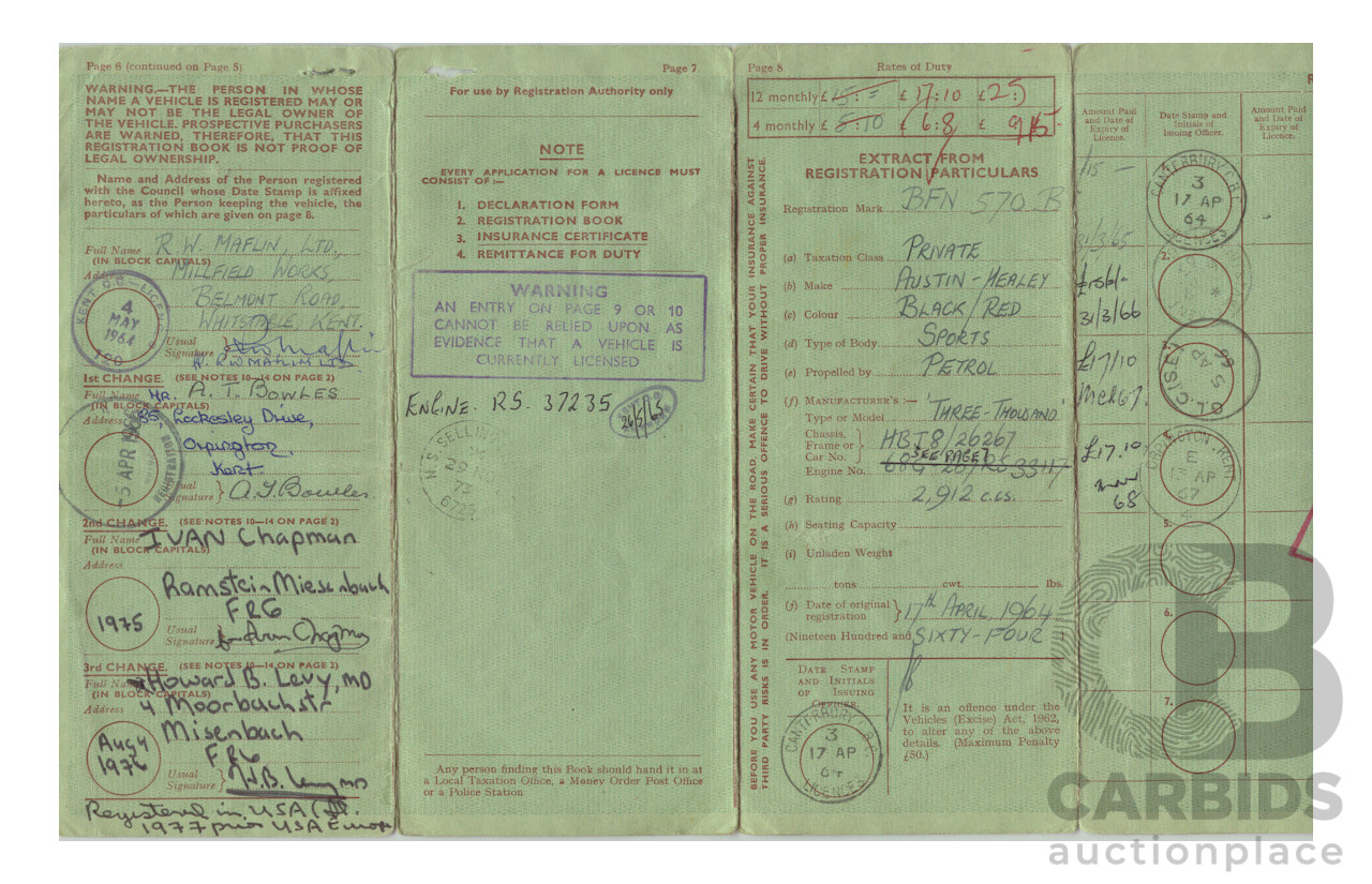 1/1964 Austin Healey 3000 MKIII BJ8 Phase 1 2+2 2d Convertible Black 2.9L